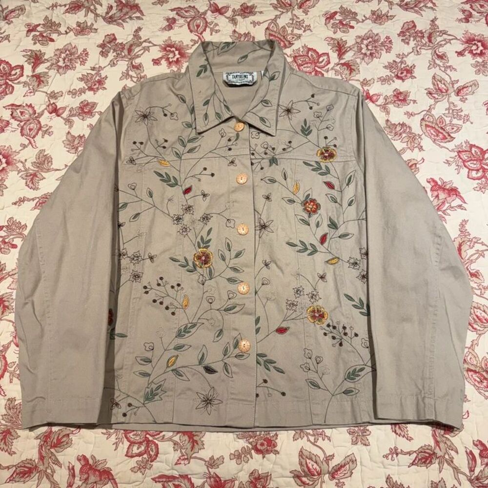 Y2K 2000s Tantrums Gilmore Girls style Embroidered floral cream denim jacket